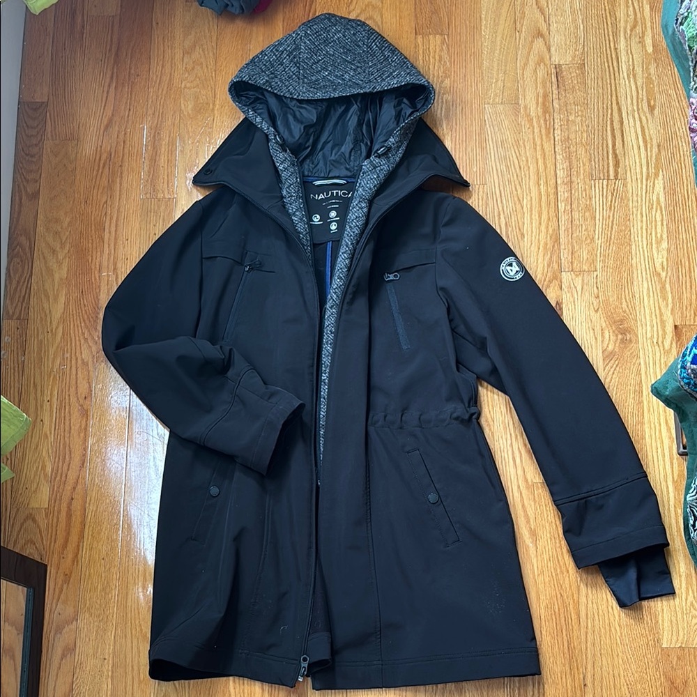 Nautica Black and Gray Hooded Coat